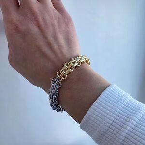 Two Tone Gold Silver Chunky Chain Bracelet Punk Toggle Clasp Statement Jewelry